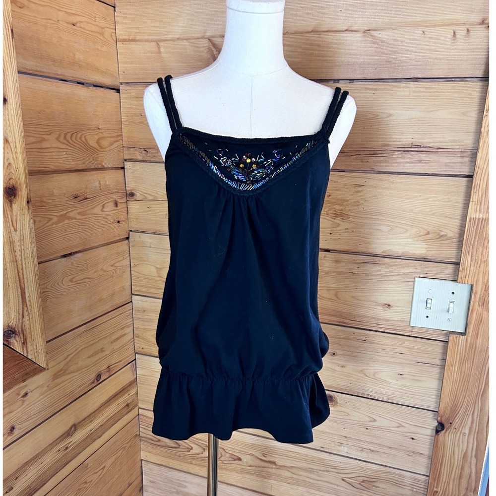 Vintage Camisole Tank Top Women Large Black Beaded Drop Waist Jennifer Grace Y2K